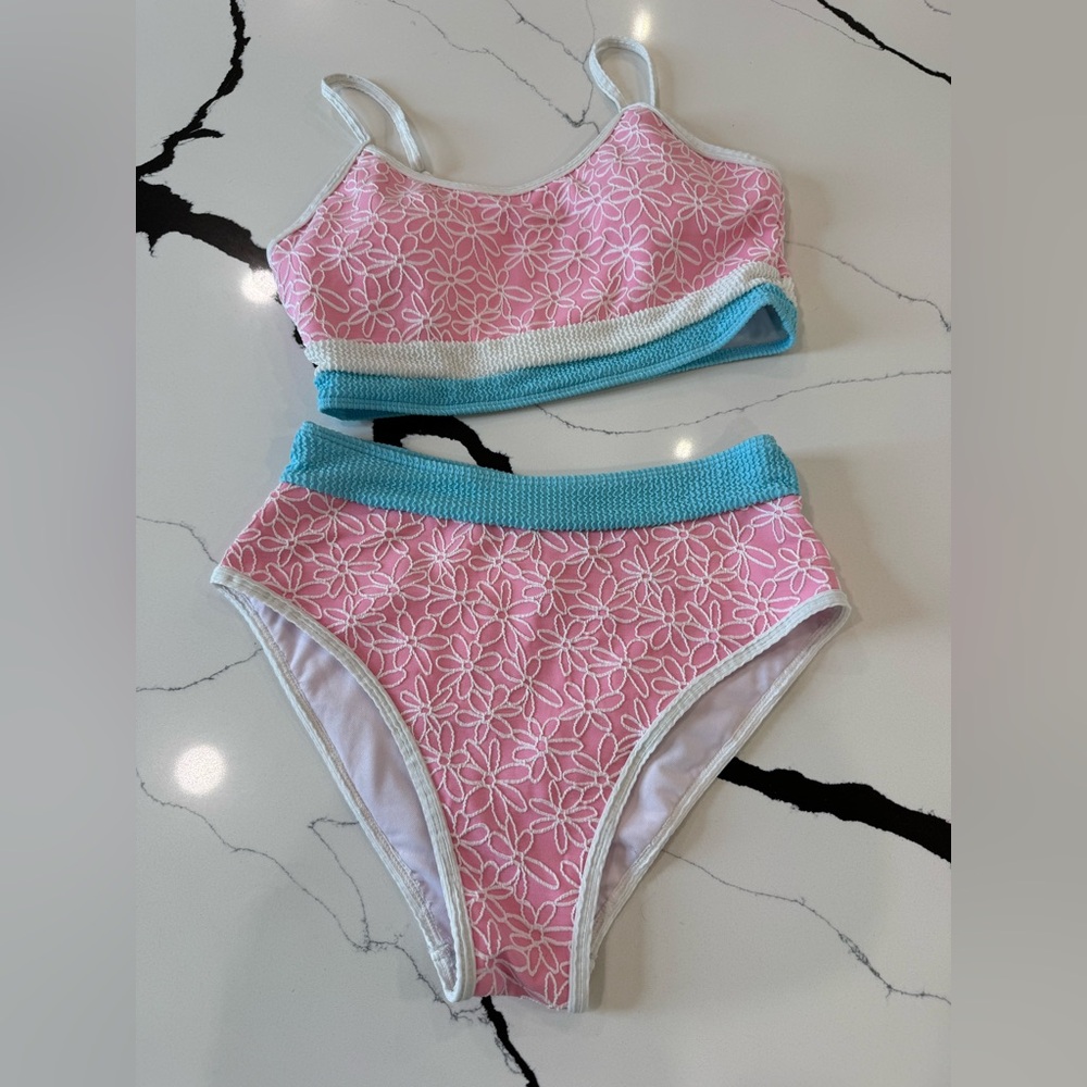 Pink lily Pink Floral High-Waist Bikini Set with Aqua Trim Large